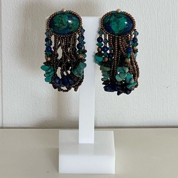 Vintage 80’s Turquoise & Blue Long Drop Clip On Earrings with Gold Tone Beads. - Picture 2 of 10